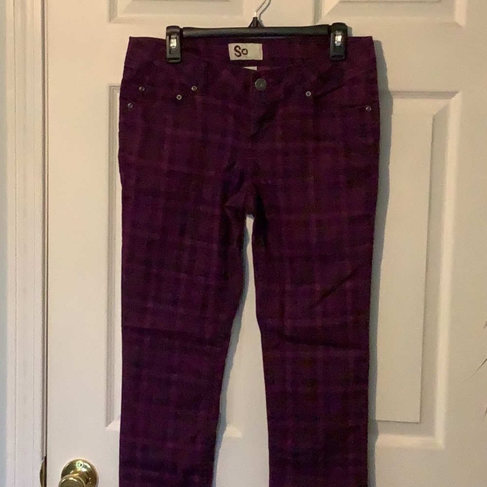 So Dark pink & Black plaid jean like pants
